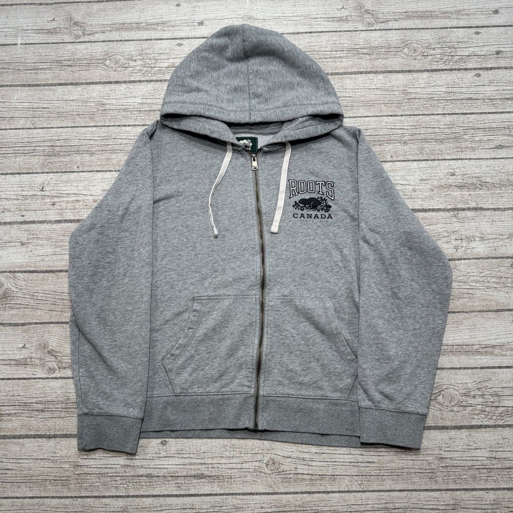 Roots Hoodie Men's Large Gray Loose Fit Fleece Lined Full Zip Cotton Athleisure